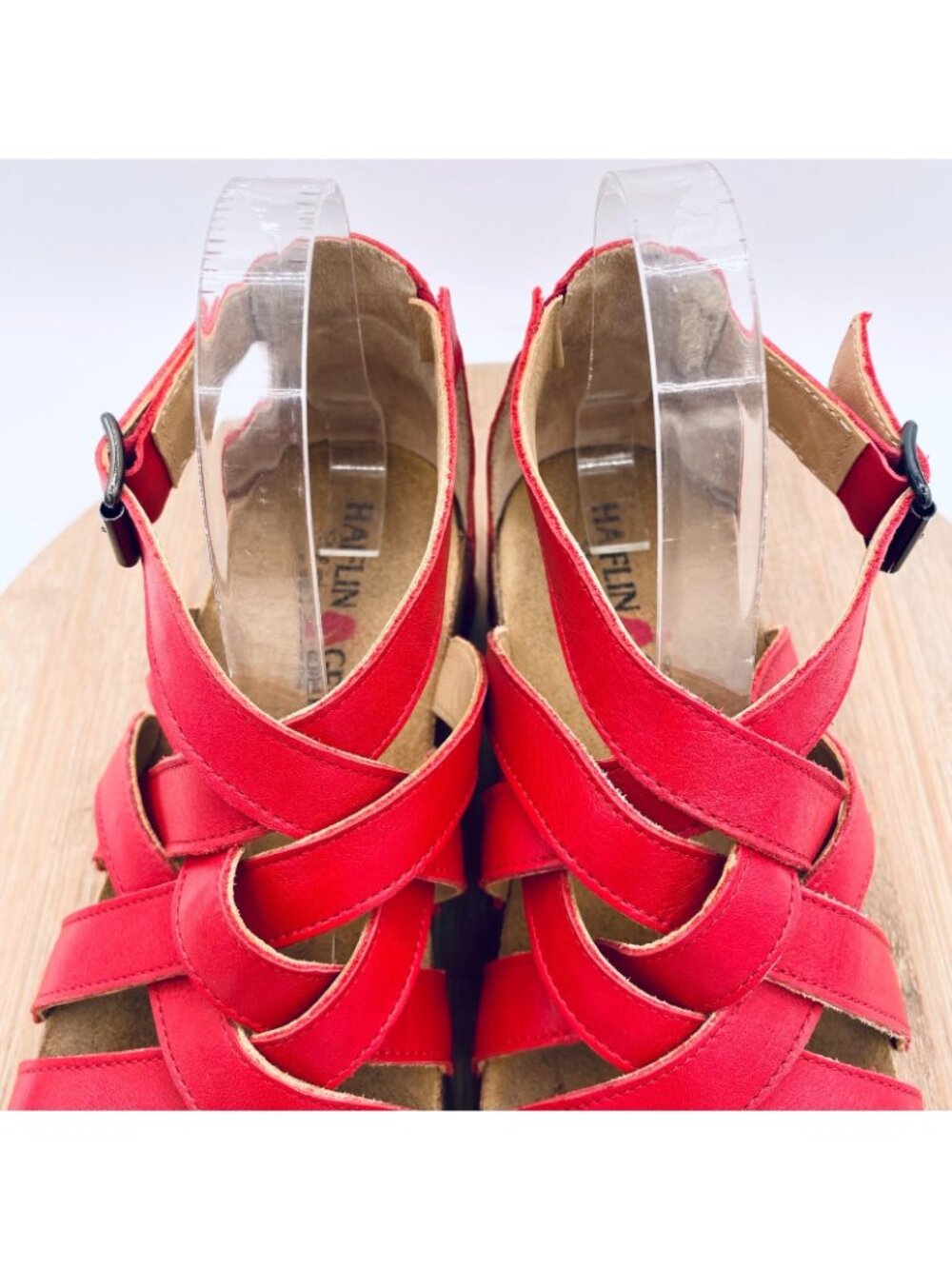 Haflinger Sandals Womens 7 38 Red Leather Ankle Strap Flats Peep Germany - Picture 4 of 13